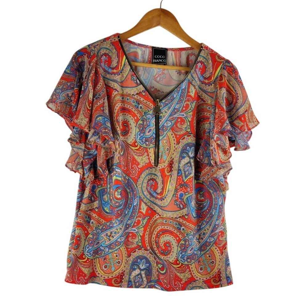 Front Gold Zipper Tunic Top Paisley sz S Coco Blanco Short Flutter Sleeves Knit